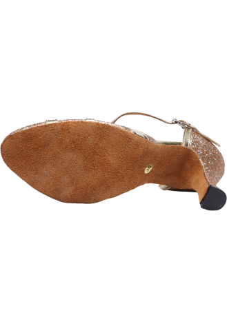Gold glitter Latin rhythm dance shoes with ankle strap.