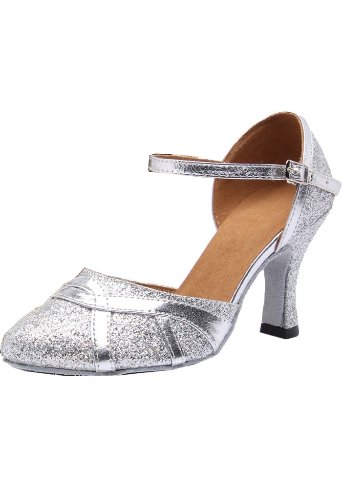 Sparkling silver Latin rhythm dance shoes with an ankle strap. Perfect for the dance floor.