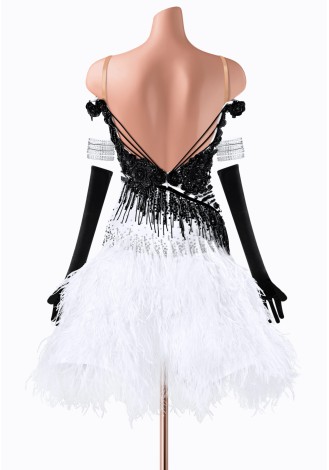 Stunning black and white Latin dance dress with feather skirt and beaded details.