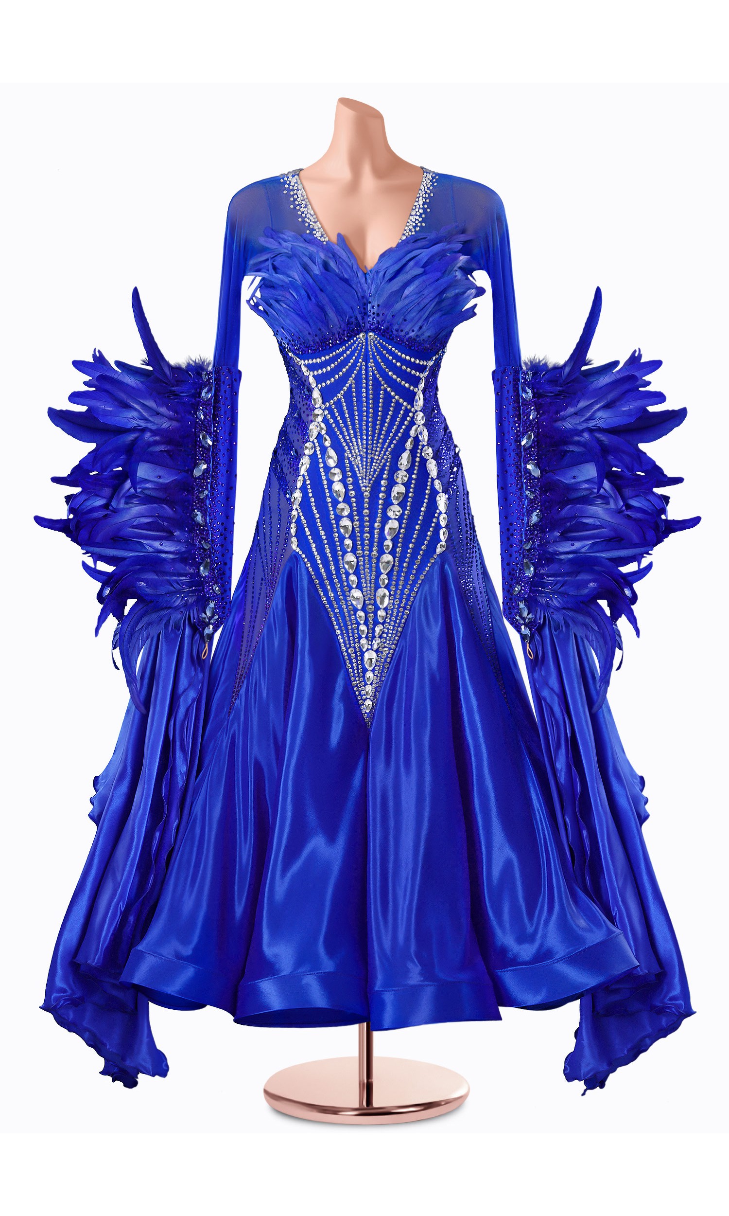A stunning royal blue ballroom dance gown adorned with feathers and sparkling crystals. The perfect dress for a captivating per