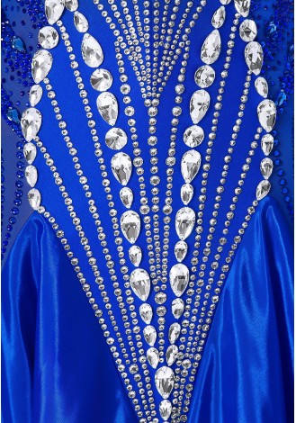A stunning royal blue ballroom dance gown adorned with feathers and sparkling crystals. The perfect dress for a captivating per