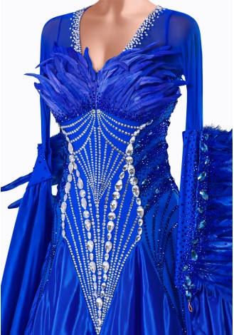 A stunning royal blue ballroom dance gown adorned with feathers and sparkling crystals. The perfect dress for a captivating per