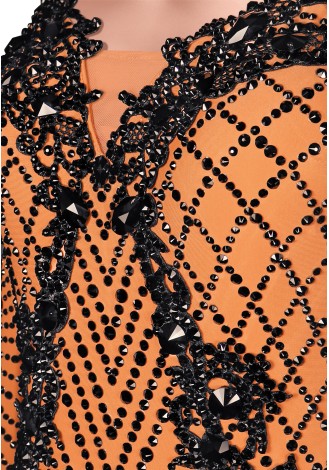 Stunning ballroom dance gown with intricate black lace and beading details. A perfect choice for a competition or special perfo