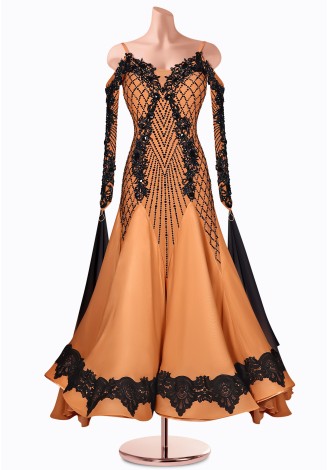 Stunning ballroom dance gown with intricate black lace and beading details. A perfect choice for a competition or special perfo