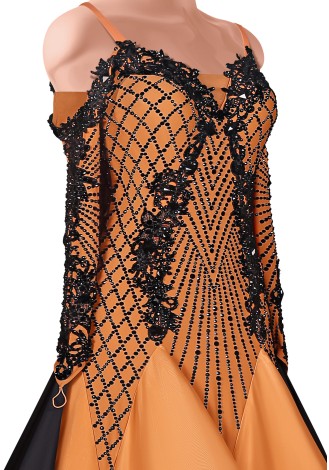 Stunning ballroom dance gown with intricate black lace and beading details. A perfect choice for a competition or special perfo