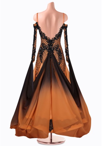 Stunning ballroom dance gown with intricate black lace and beading details. A perfect choice for a competition or special perfo