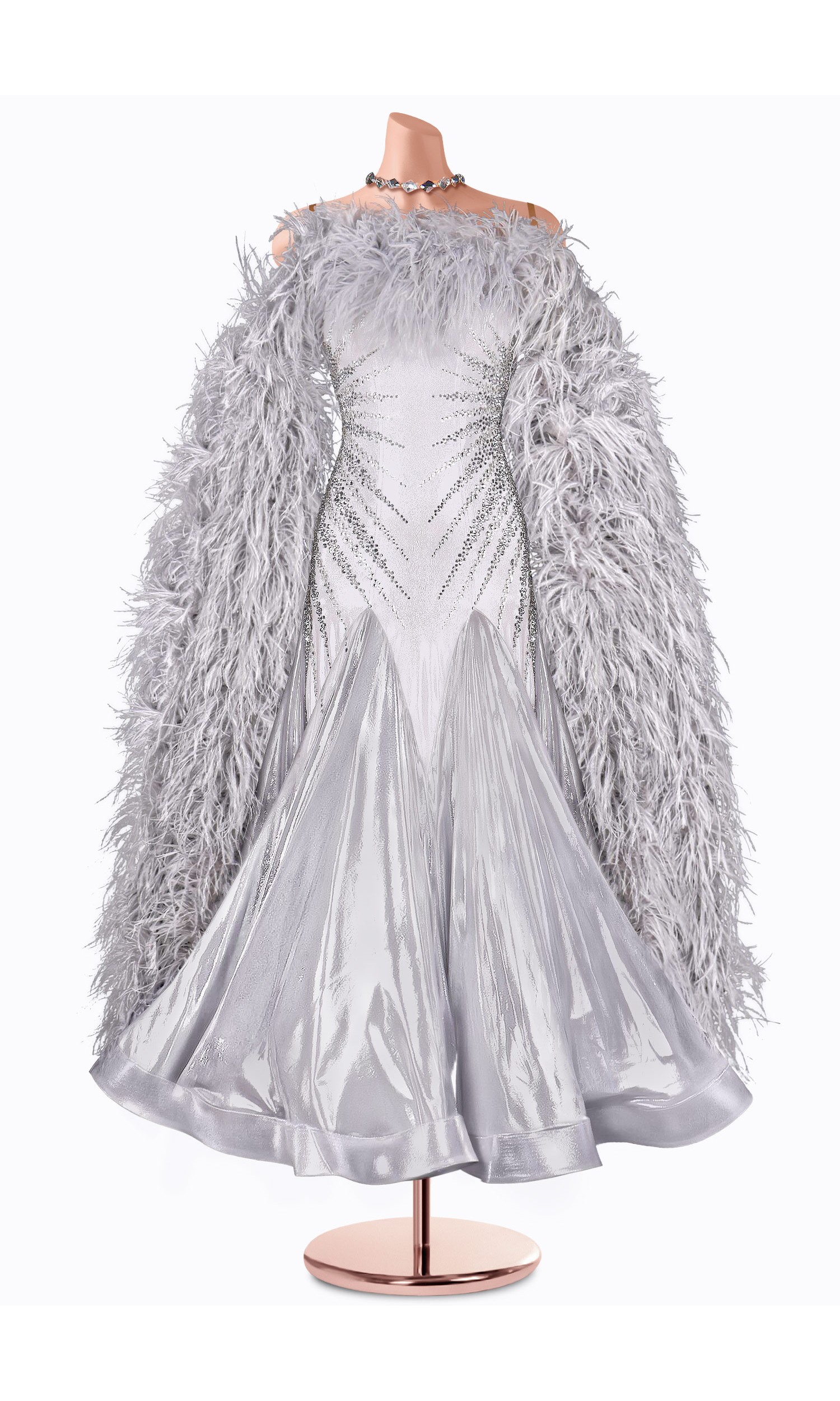 A stunning silver ballroom dance gown, adorned with shimmering embellishments and a dramatic feather boa.