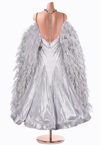A stunning silver ballroom dance gown, adorned with shimmering embellishments and a dramatic feather boa.