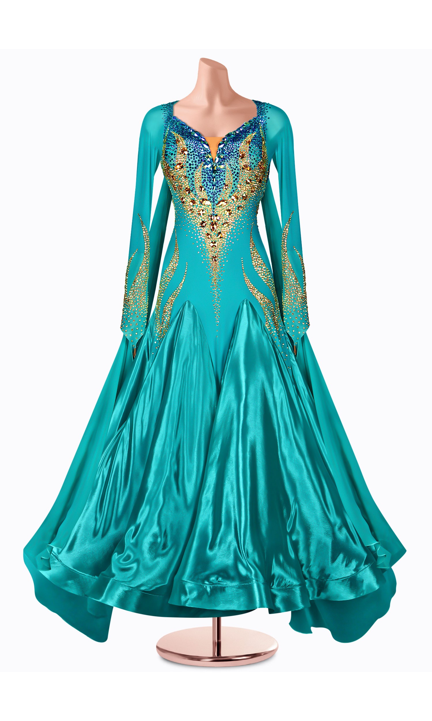 This stunning teal ballroom dance gown features a dazzling jeweled bodice and flowing skirt, perfect for your next competition.