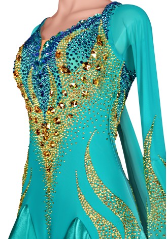 This stunning teal ballroom dance gown features a dazzling jeweled bodice and flowing skirt, perfect for your next competition.