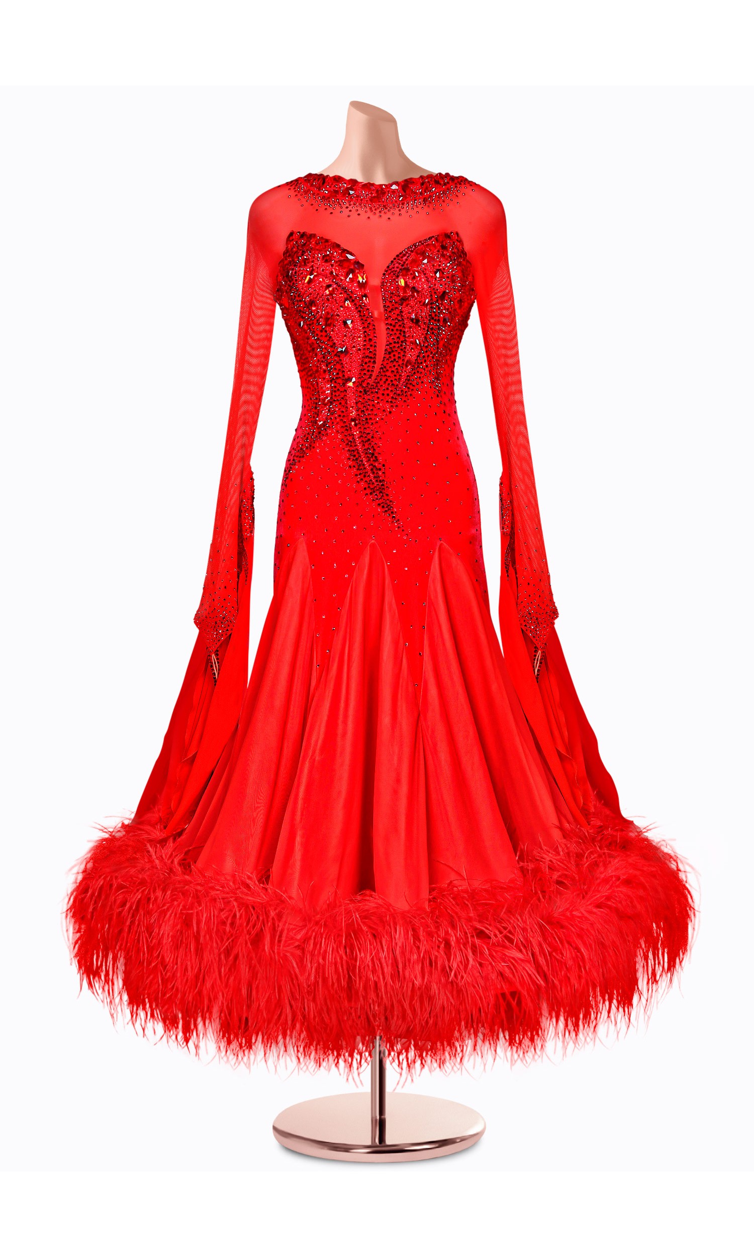 A stunning red ballroom dance gown with long sleeves, a beaded bodice, and a dramatic feather trim.