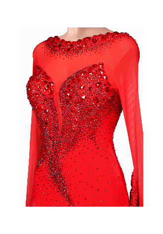 A stunning red ballroom dance gown with long sleeves, a beaded bodice, and a dramatic feather trim.