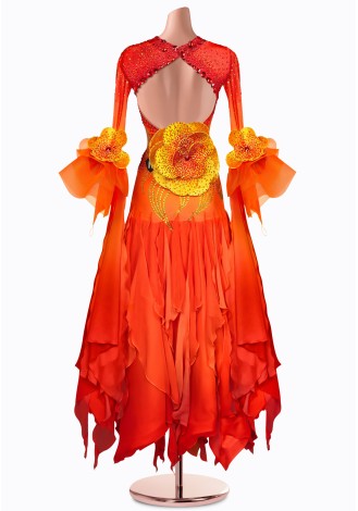 A fiery sunrise ballroom dance gown, perfect for captivating the audience.