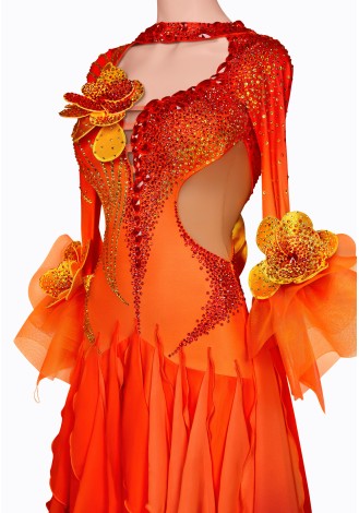 A fiery sunrise ballroom dance gown, perfect for captivating the audience.