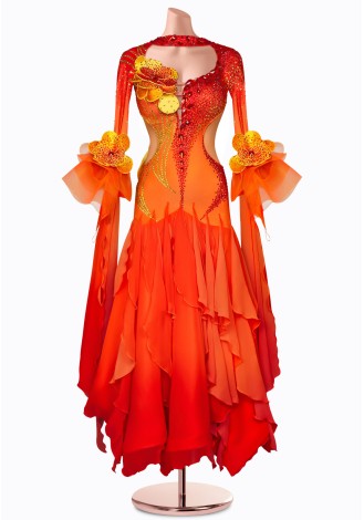 A fiery sunrise ballroom dance gown, perfect for captivating the audience.