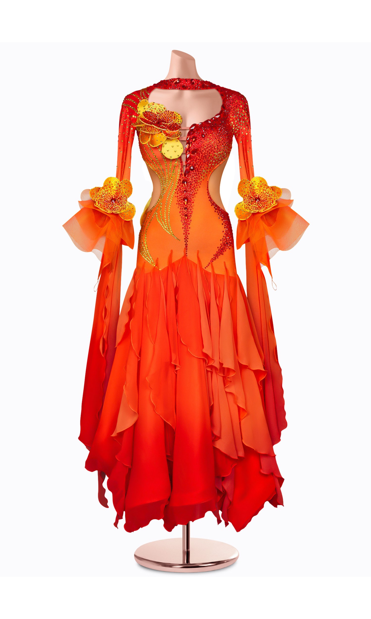 A fiery sunrise ballroom dance gown, perfect for captivating the audience.