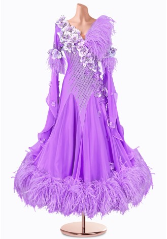 A stunning lavender ballroom dance gown adorned with delicate feather accents and shimmering embellishments. Perfect for a capt