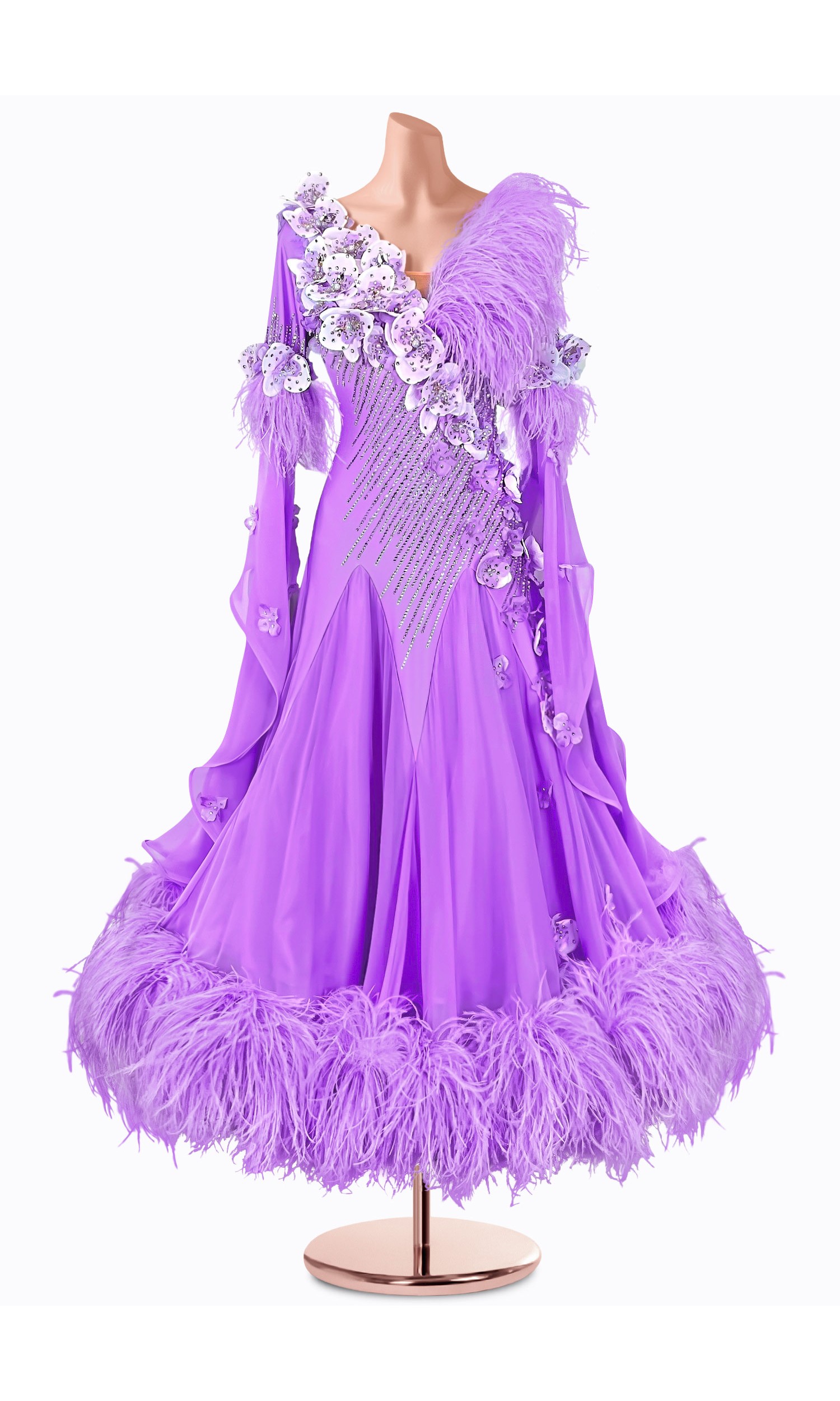 A stunning lavender ballroom dance gown adorned with delicate feather accents and shimmering embellishments. Perfect for a capt