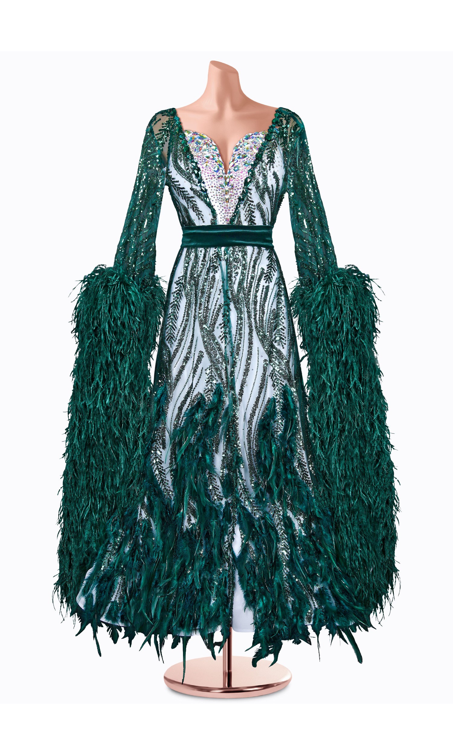 This stunning emerald green ballroom gown features dazzling sequins, long sleeves with dramatic feather accents, and a flatterin