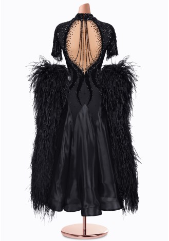 Elegant black ballroom dance gown with dramatic feather detailing.