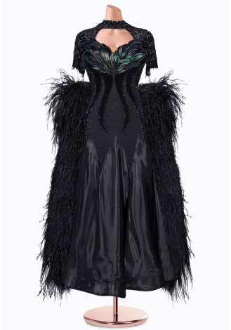 Elegant black ballroom dance gown with dramatic feather detailing.