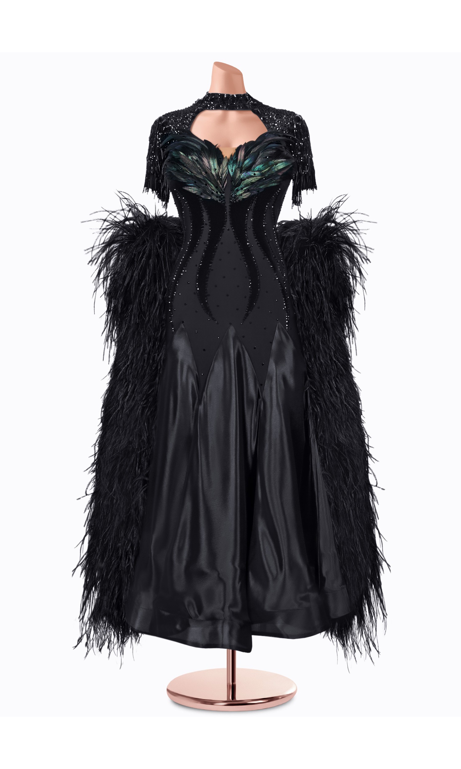 Elegant black ballroom dance gown with dramatic feather detailing.