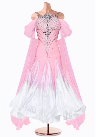A stunning pink and white ballroom dance gown, perfect for a graceful performance. The shimmering bodice and flowing skirt crea
