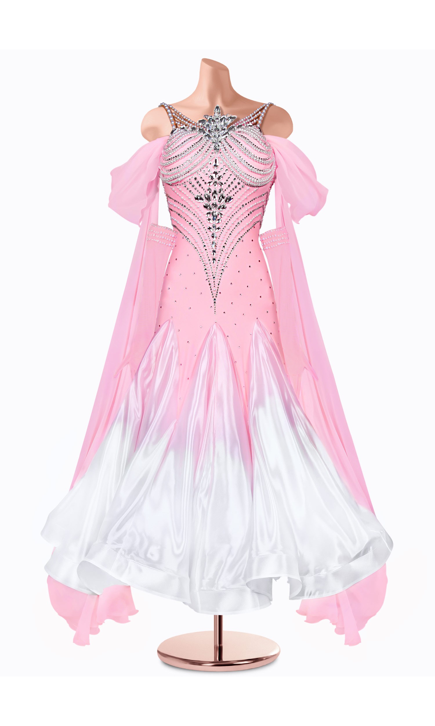 A stunning pink and white ballroom dance gown, perfect for a graceful performance. The shimmering bodice and flowing skirt crea