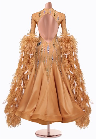 A stunning ballroom dance gown in a warm, sandy hue. The bodice is adorned with sparkling embellishments and the long sleeves f
