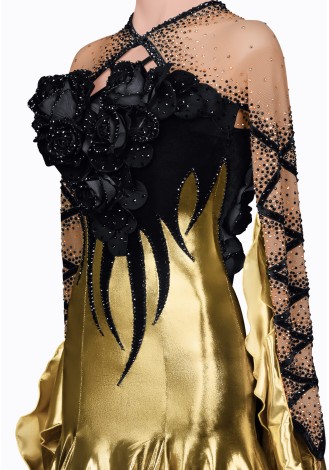 A stunning gold ballroom dance gown with a black rose bodice. The perfect choice for a competition or special performance.