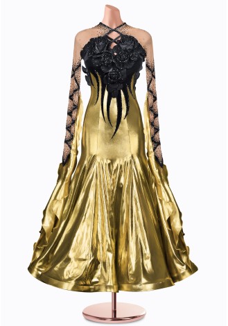 A stunning gold ballroom dance gown with a black rose bodice.  The perfect choice for a competition or special performance.