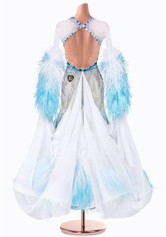 A stunning ballroom dance gown, adorned with delicate feathers and shimmering embellishments. The perfect choice for a captivat