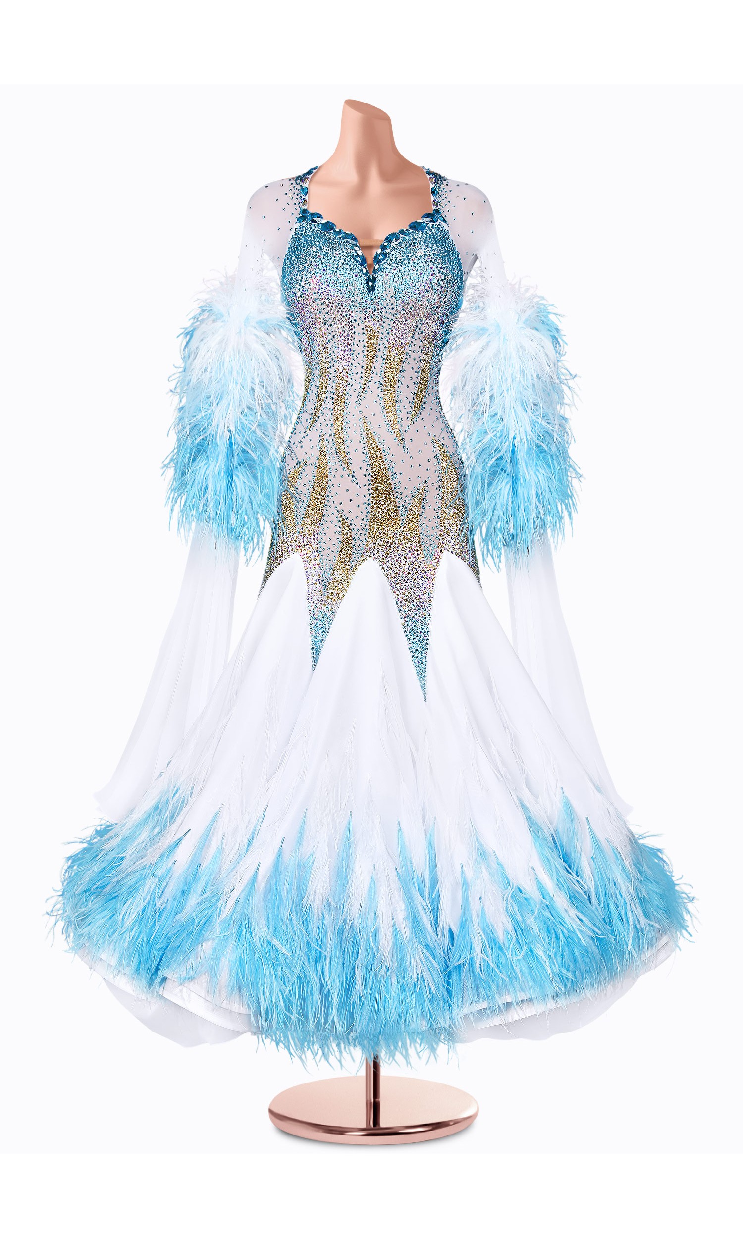 A stunning ballroom dance gown, adorned with delicate feathers and shimmering embellishments. The perfect choice for a captivat