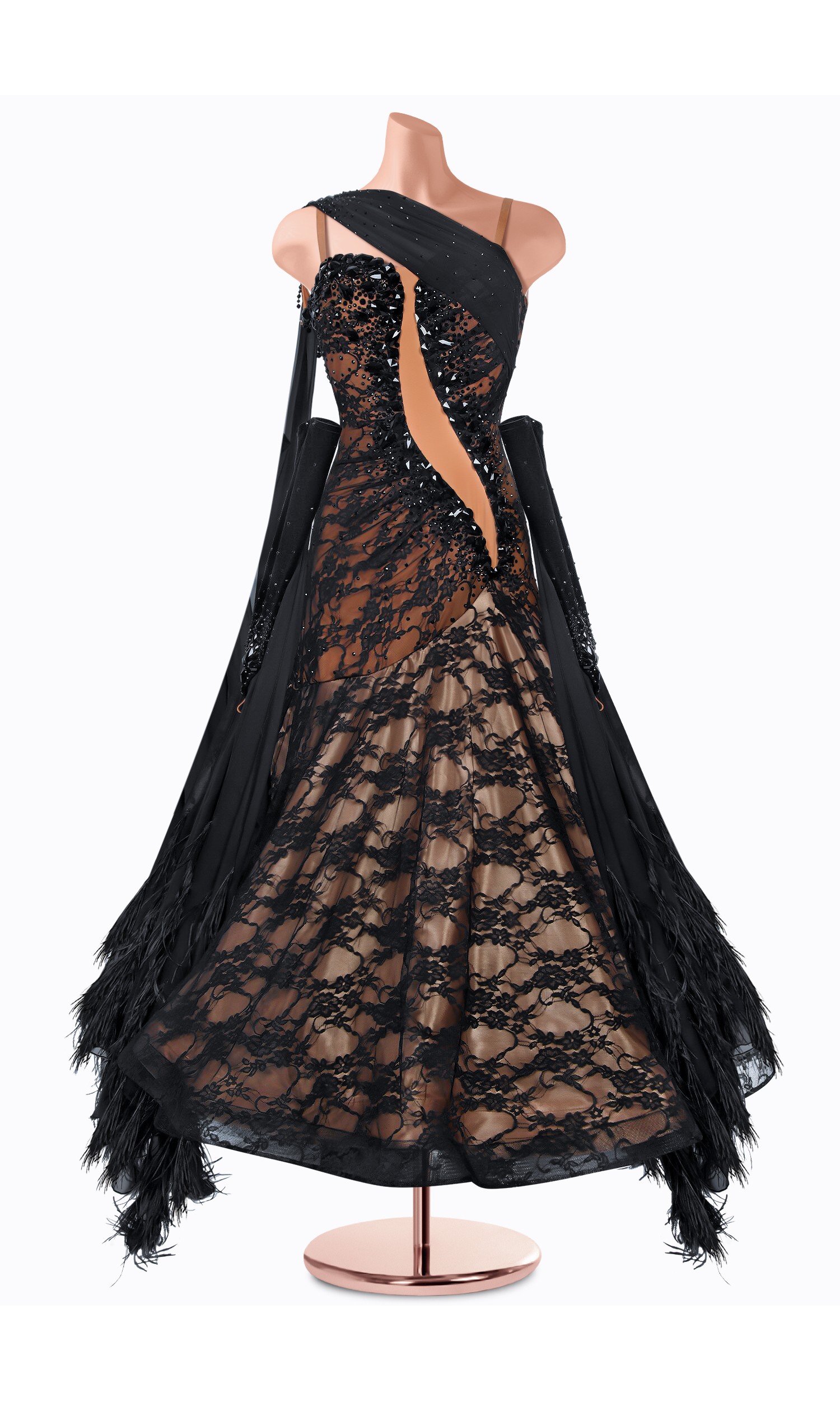 Elegant black and champagne ballroom dance gown with feather detailing.