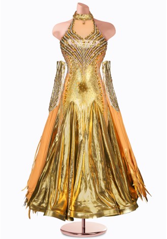Shine bright on the dance floor in this stunning gold ballroom gown.  The intricate beading and shimmering fabric create a breat