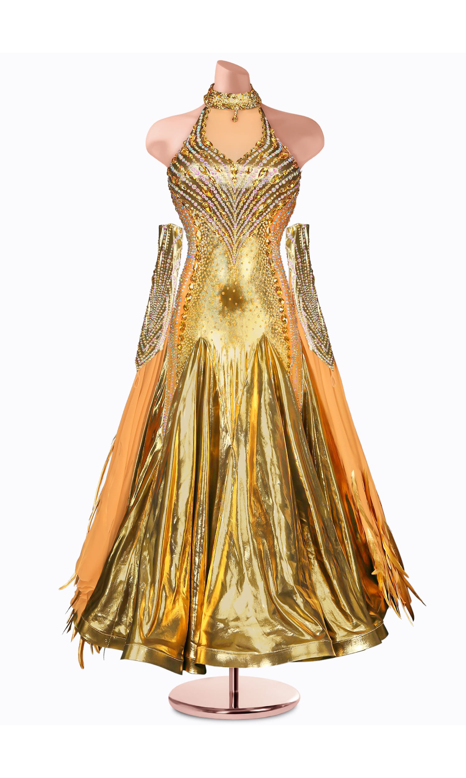 Shine bright on the dance floor in this stunning gold ballroom gown. The intricate beading and shimmering fabric create a breat