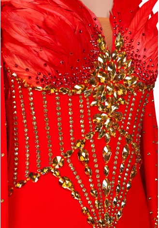 A stunning red ballroom dance gown adorned with gold embellishments and red feather accents.
