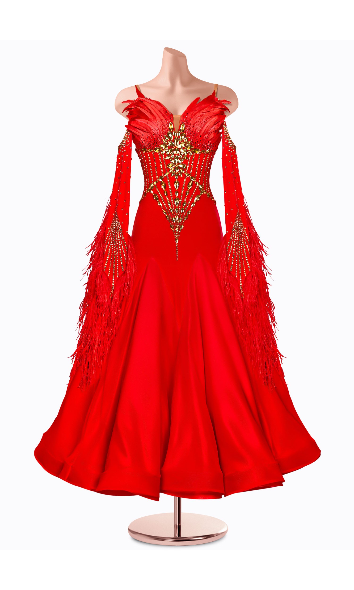 A stunning red ballroom dance gown adorned with gold embellishments and red feather accents.