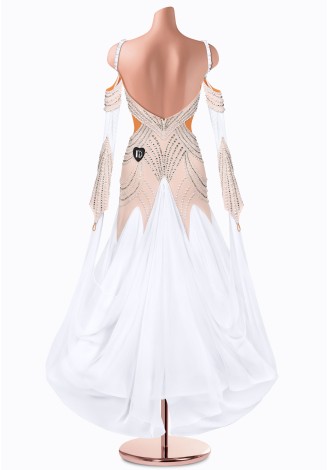 Shine bright on the dance floor in this stunning ballroom gown. The intricate beading and flowing skirt create a breathtaking l