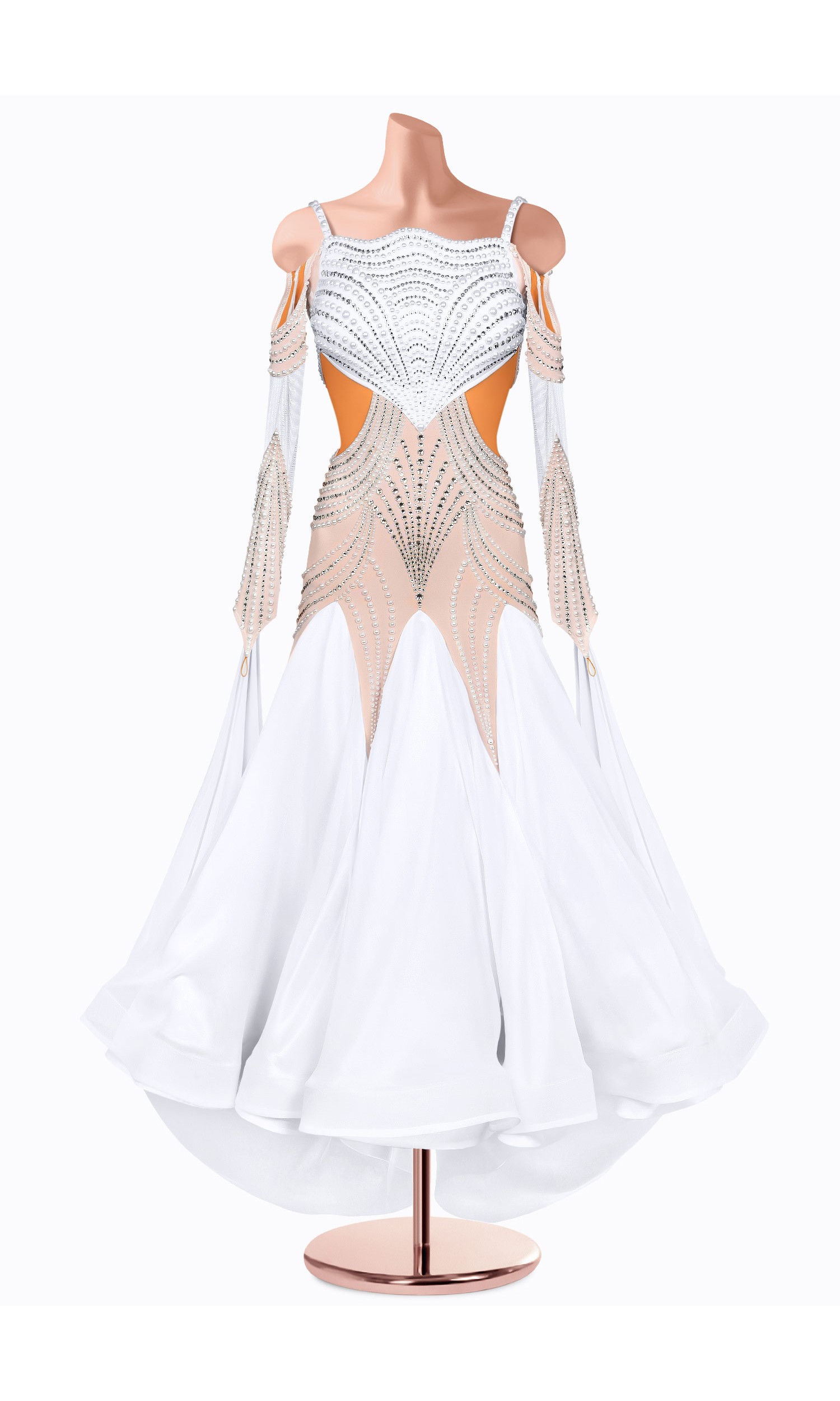 Shine bright on the dance floor in this stunning ballroom gown. The intricate beading and flowing skirt create a breathtaking l