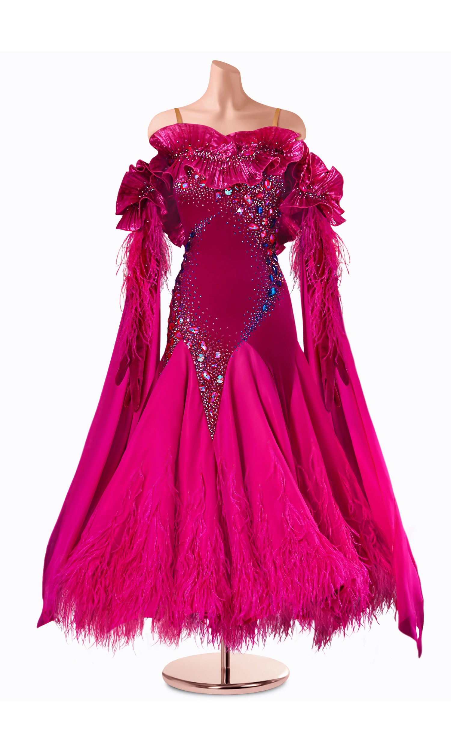 A dazzling fuchsia ballroom dance gown, adorned with feathers and shimmering crystals. The off-the-shoulder design and flowing 