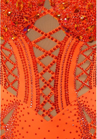 Vibrant orange Latin dance dress with intricate beading and fringed skirt. Perfect for a fiery performance.