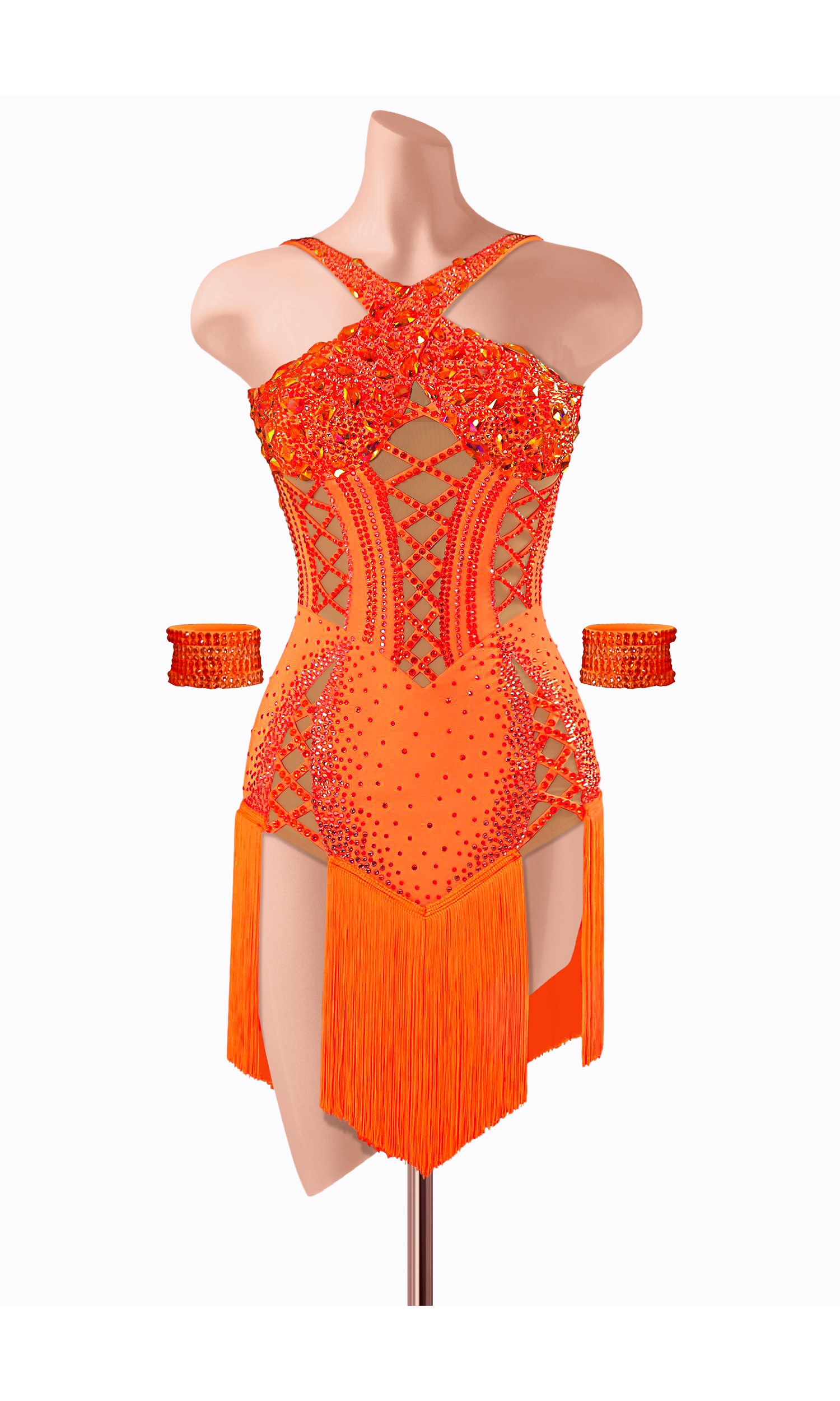 Vibrant orange Latin dance dress with intricate beading and fringed skirt. Perfect for a fiery performance.