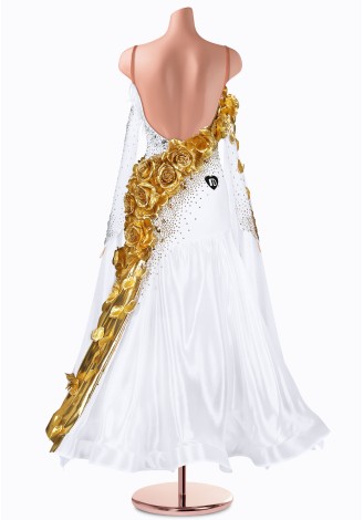Stunning ballroom dance gown with gold rose detailing and feather accents.