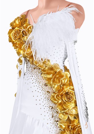 Stunning ballroom dance gown with gold rose detailing and feather accents.