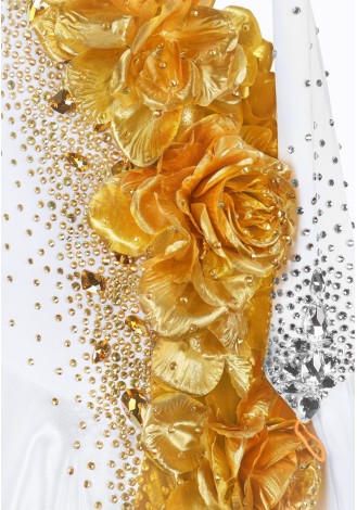 Stunning ballroom dance gown with gold rose detailing and feather accents.