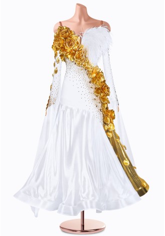 Stunning ballroom dance gown with gold rose detailing and feather accents.