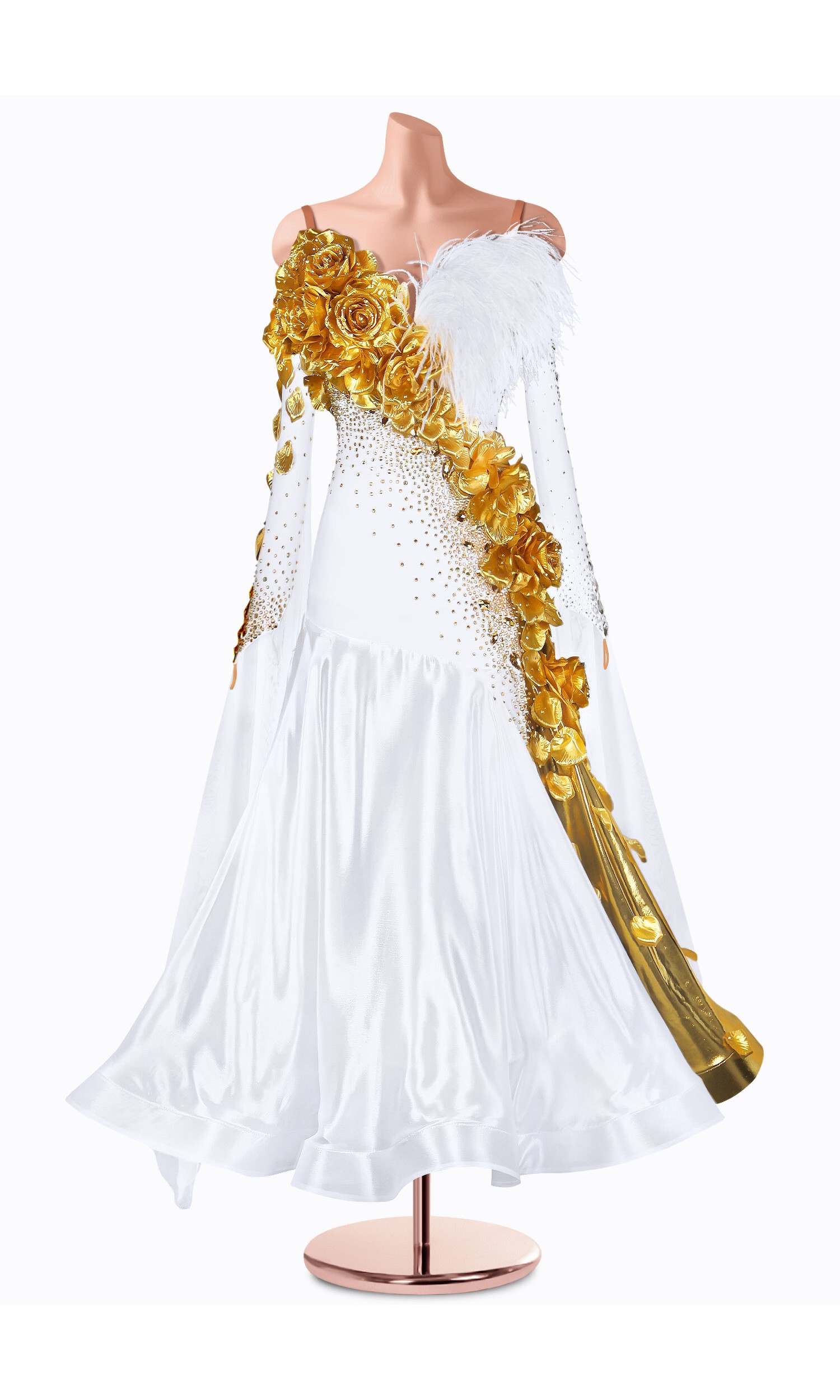 Stunning ballroom dance gown with gold rose detailing and feather accents.