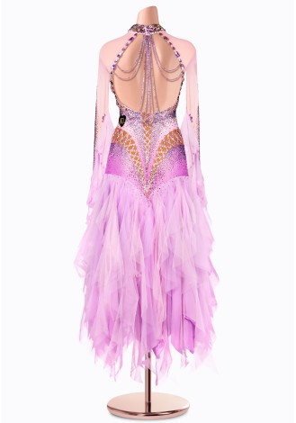 A breathtaking lavender ballroom dance gown adorned with delicate pink floral accents. The intricate design and flowing skirt c