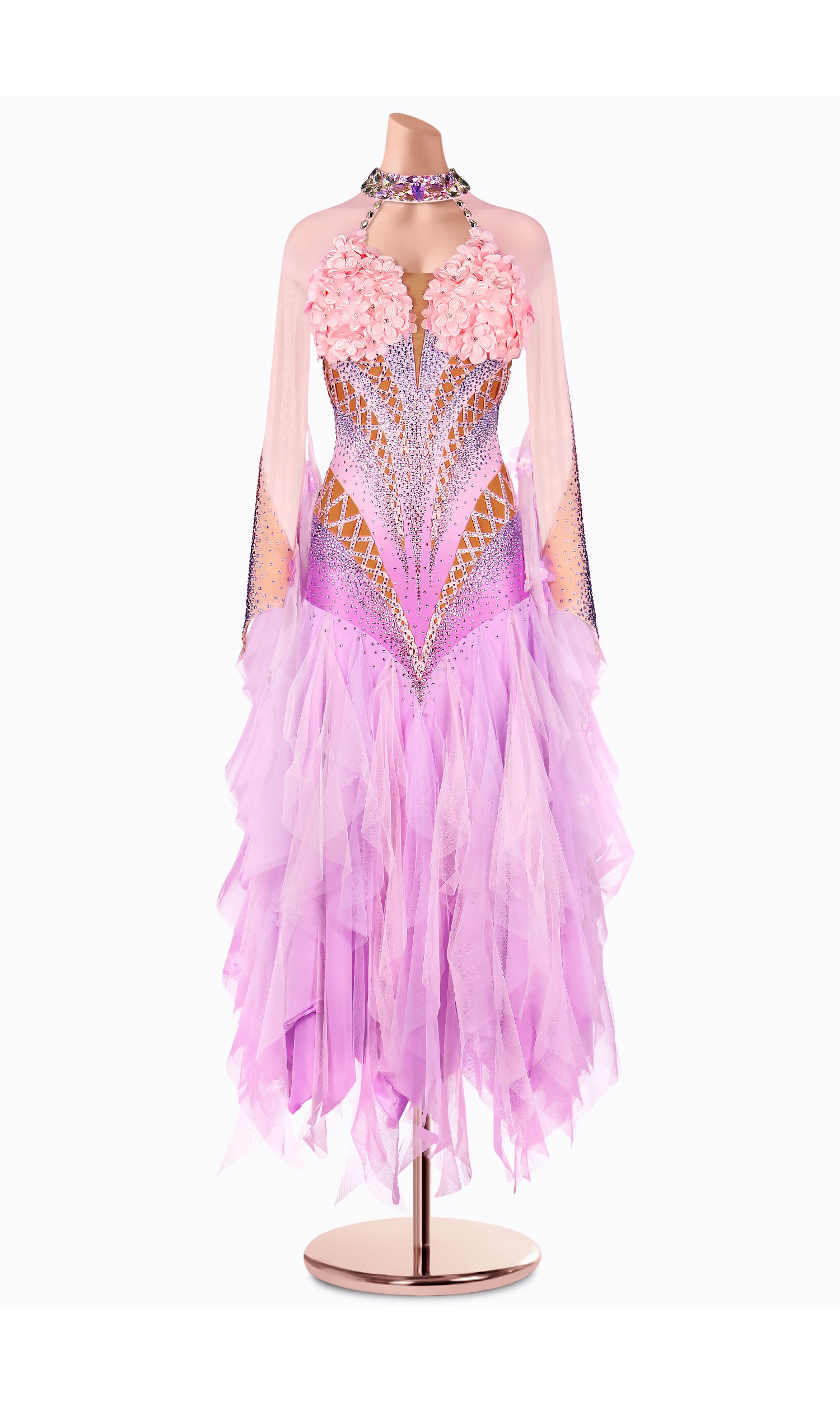 A breathtaking lavender ballroom dance gown adorned with delicate pink floral accents. The intricate design and flowing skirt c
